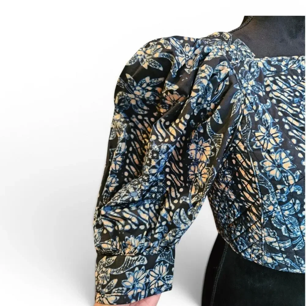 Ulla Johnson Crop Blue Floral Square Neck Lace-Up Back Puff Sleeve Blouse Sz 0